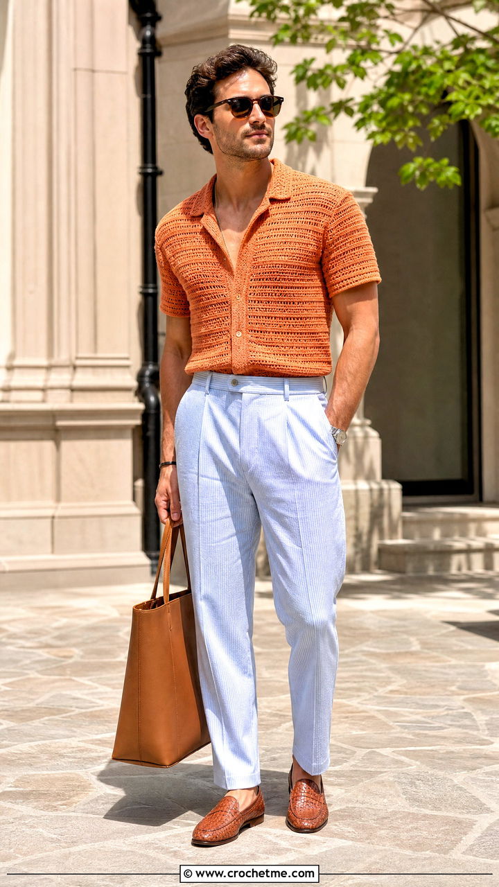 Open Collar Crochet Shirt With Seersucker Trousers - 35 crochet shirts for men outfit ideas