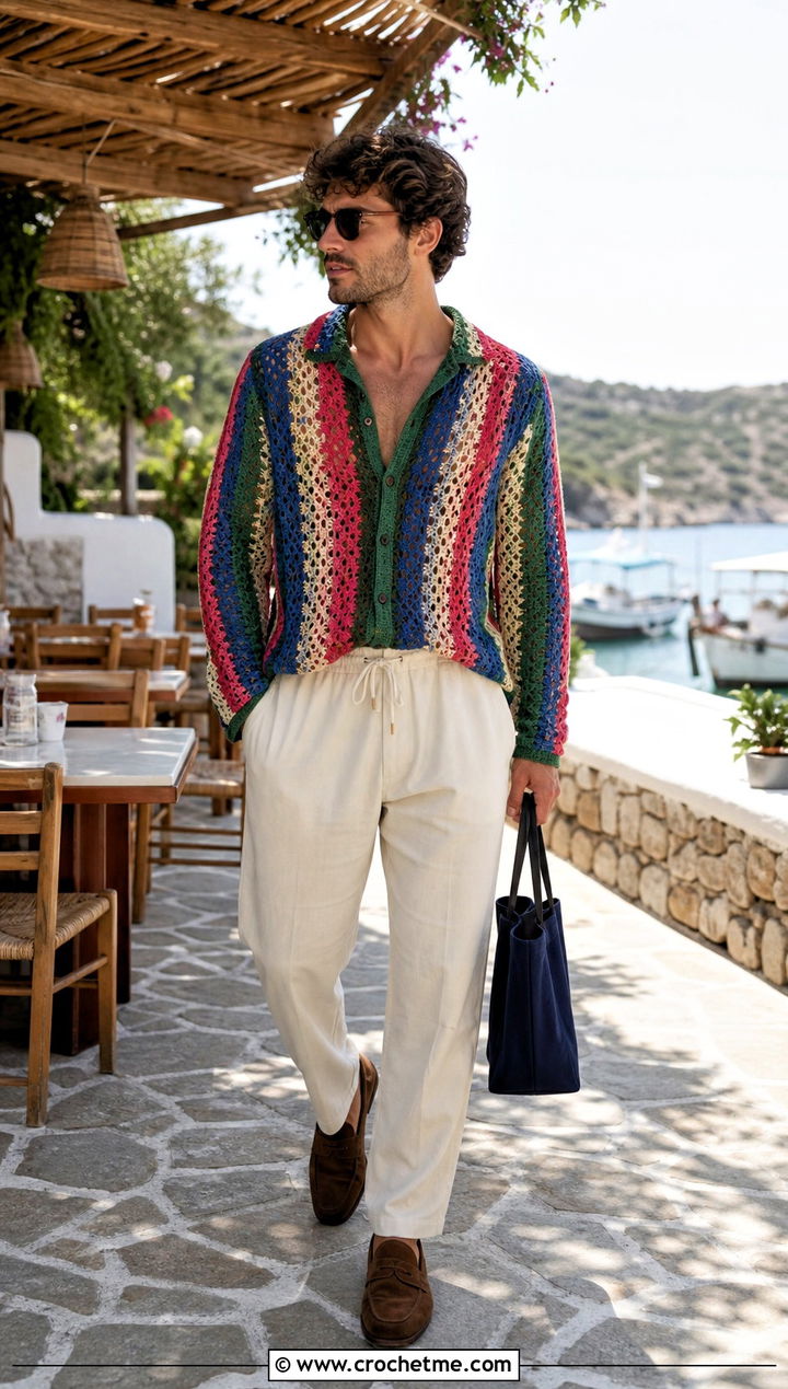 Open Collar Crochet Sweater With Drawstring Pants - 25 man crochet sweater outfit ideas