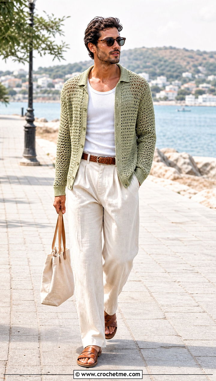 Open Collar Crochet Sweater With Linen Pants - 25 Mens Crochet Sweaters outfit ideas