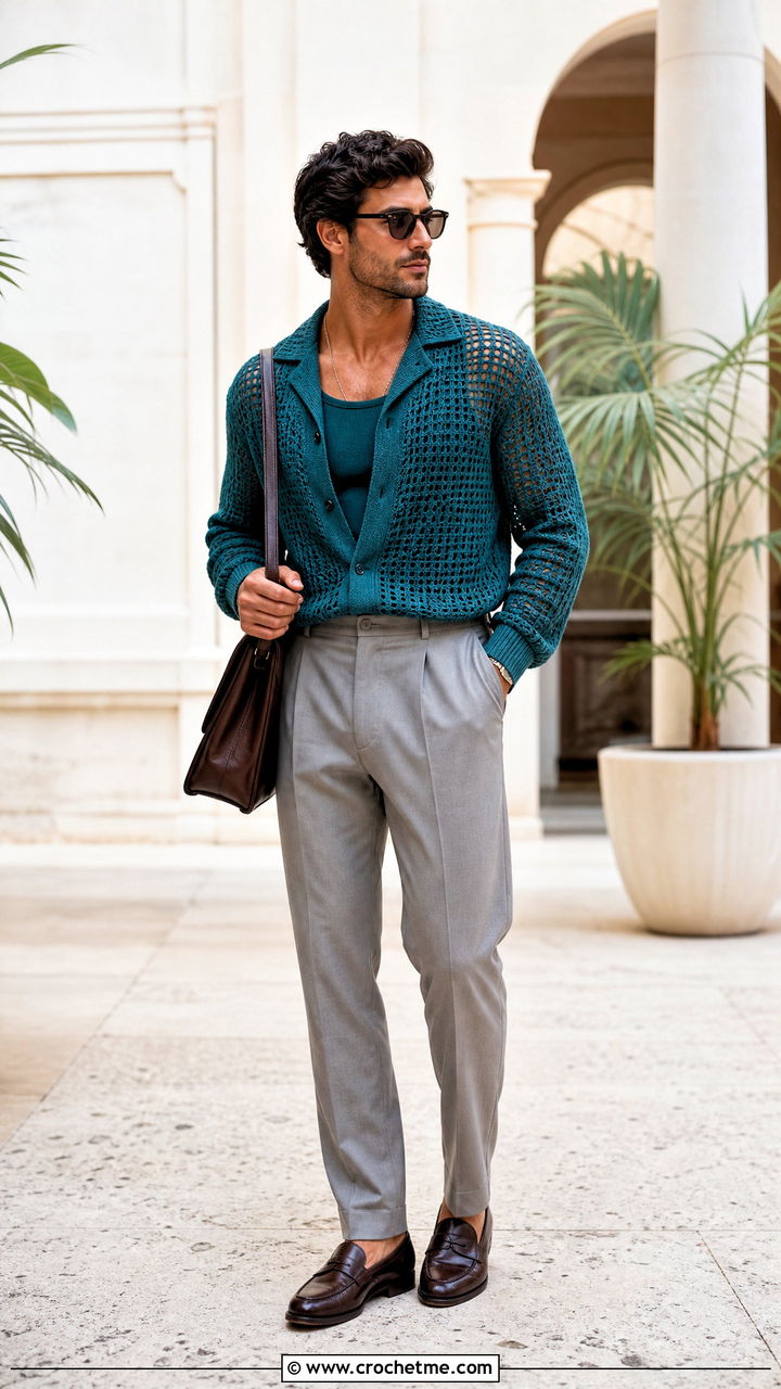 Open Collar Crochet Sweater With Suit Trousers - 35 men crochet sweater outfit ideas