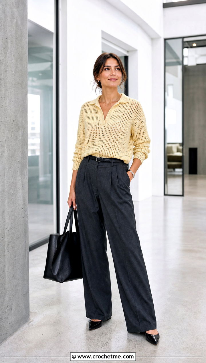 Open Collar Crochet Sweater With Tailored Trousers - 20 Crochet Collared Sweater outfit ideas
