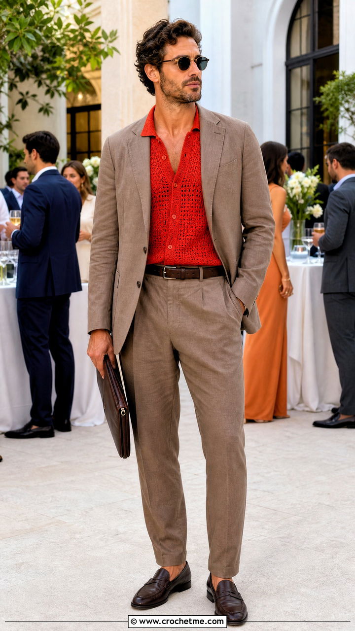 Open Collar Crochet T Shirt With Relaxed Suit - 35 crochet top men outfit ideas