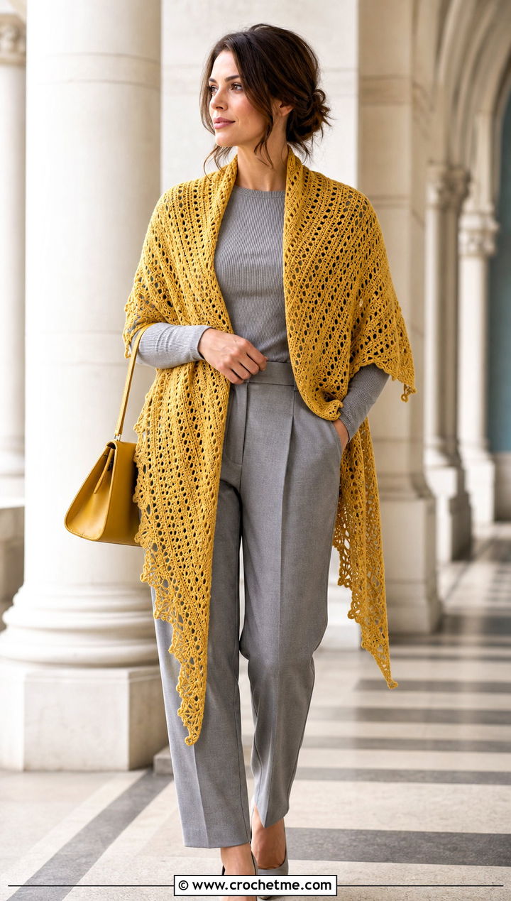 Open Draped Fall River Crochet Shawl With a Monochrome Outfit - 25 Fall River Crochet Shawl outfit ideas