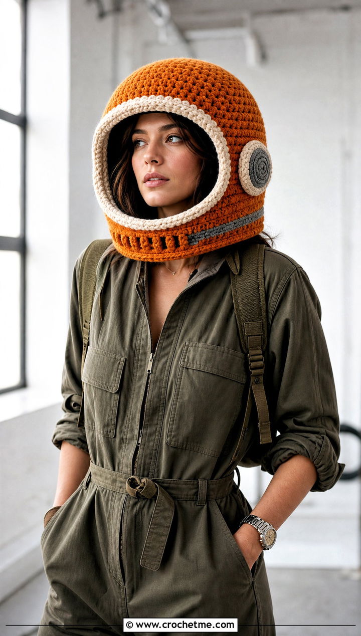 Open Face Crochet Astronaut Helmet With Utility Jumpsuit - 15 Crochet Astronaut Hat outfit ideas