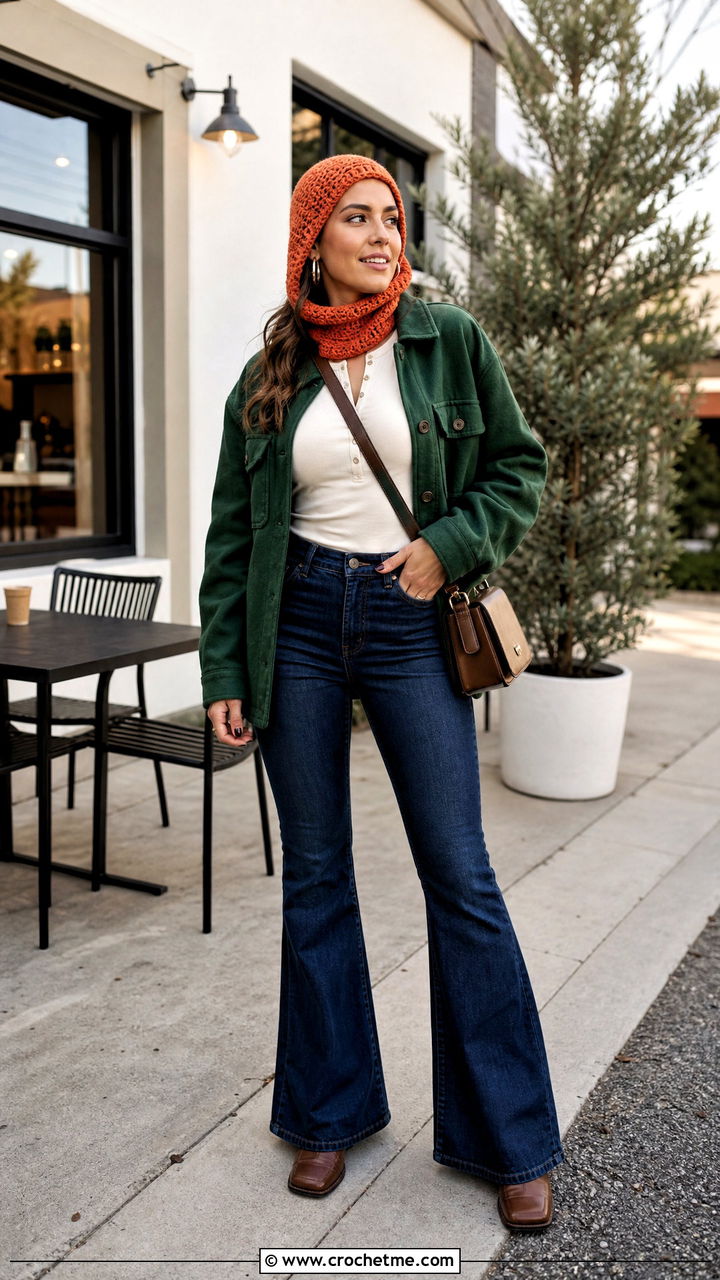Open Face Crochet Balaclava With Shacket And Flared Jeans - 35 crochet balaclava outfit ideas