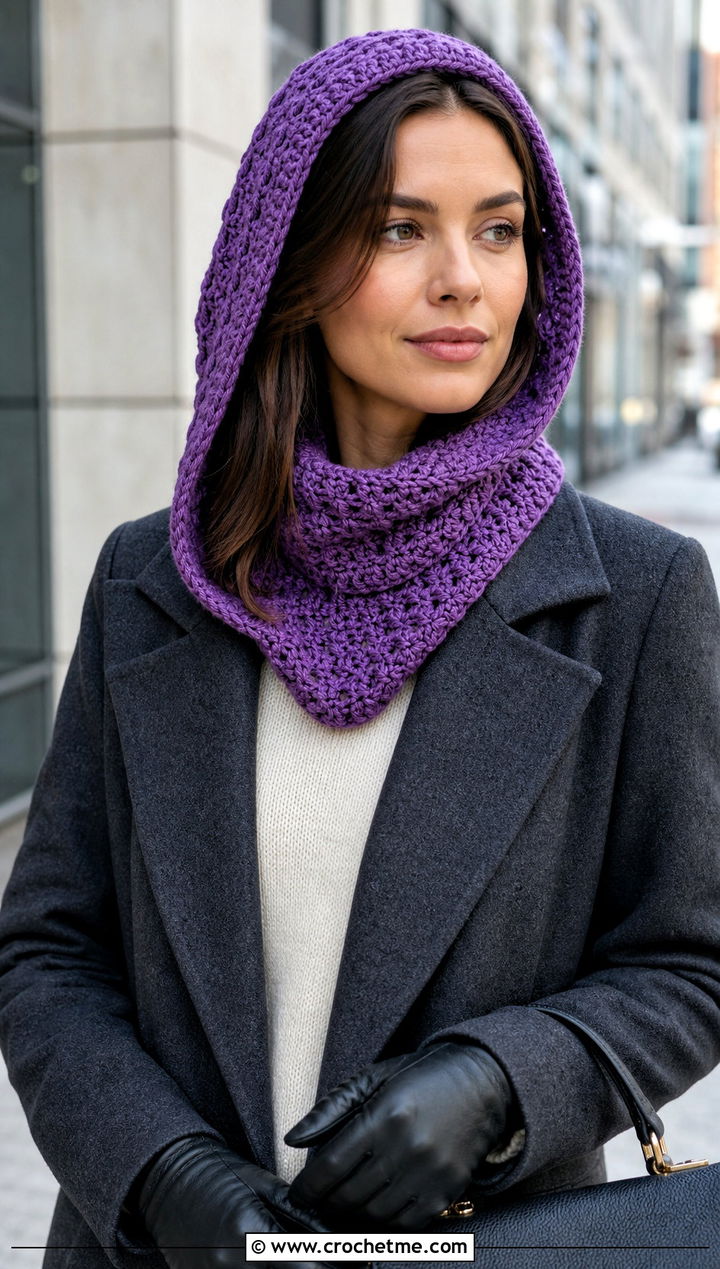 Open Face Crochet Hooded Cowl With Tailored Coat - 20 crochet balaclava ski mask outfit ideas