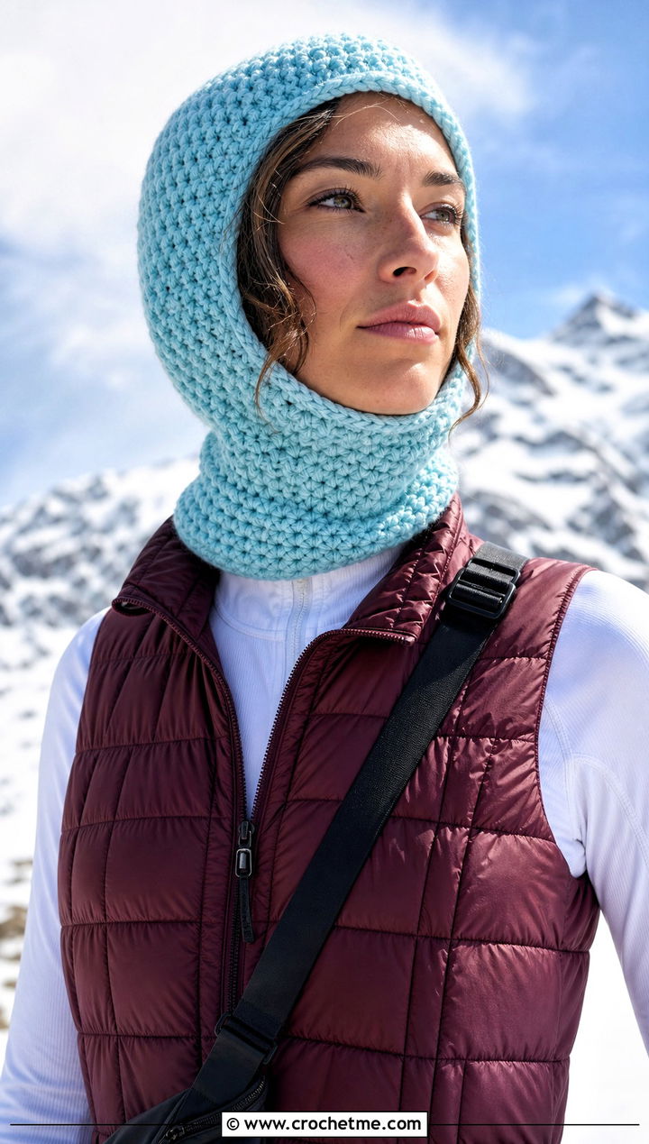 Open Face Crochet Ski Hood With Quilted Vest - 25 crochet hood hat outfit ideas