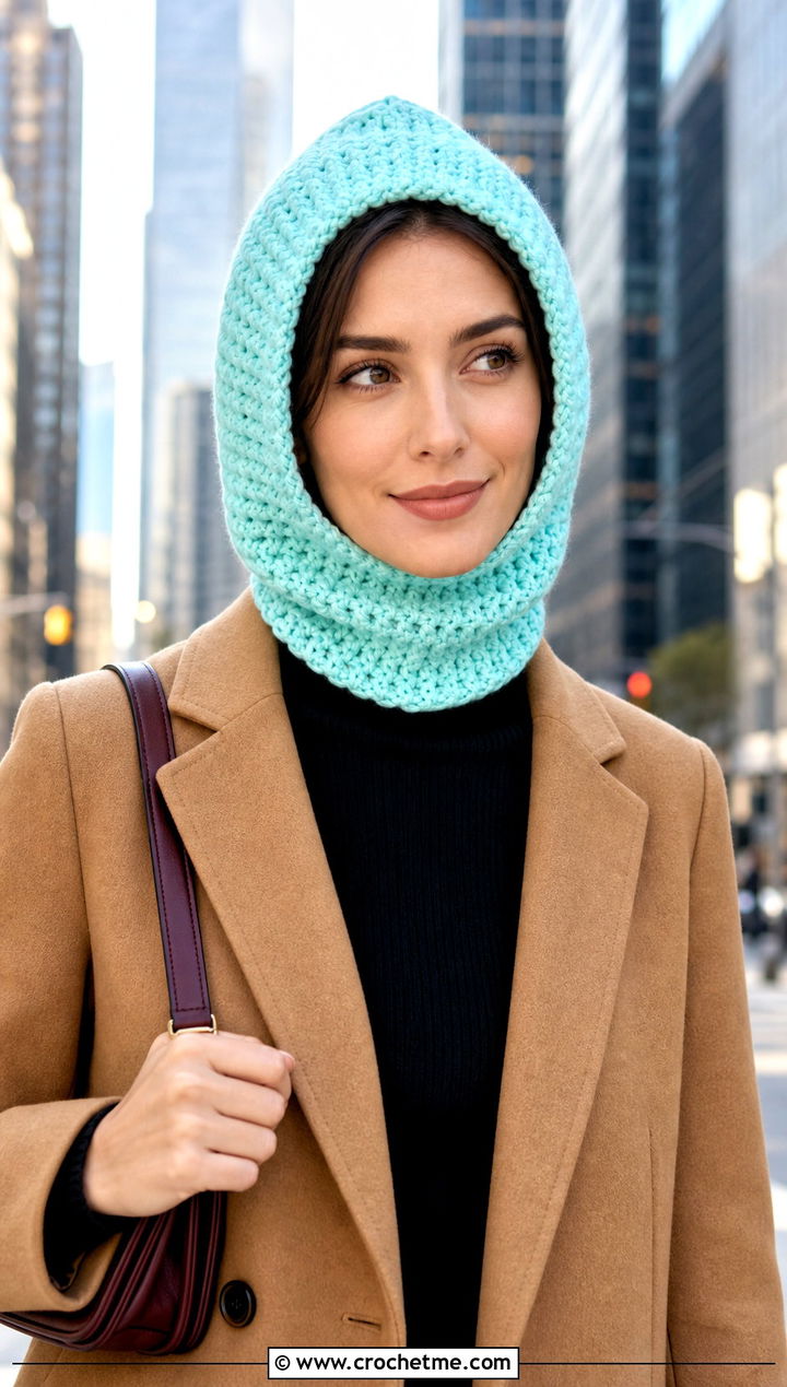 Open Face Hooded Crochet Balaclava With Camel Coat - 30 hooded crochet balaclava outfit ideas