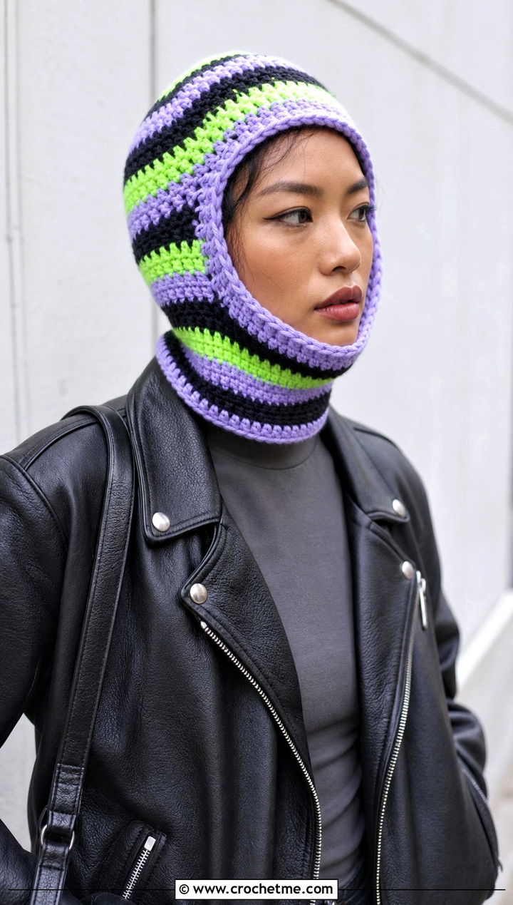 Open Face Striped Crochet Balaclava With Leather Jacket - 15 Striped Crochet Balaclava outfit ideas