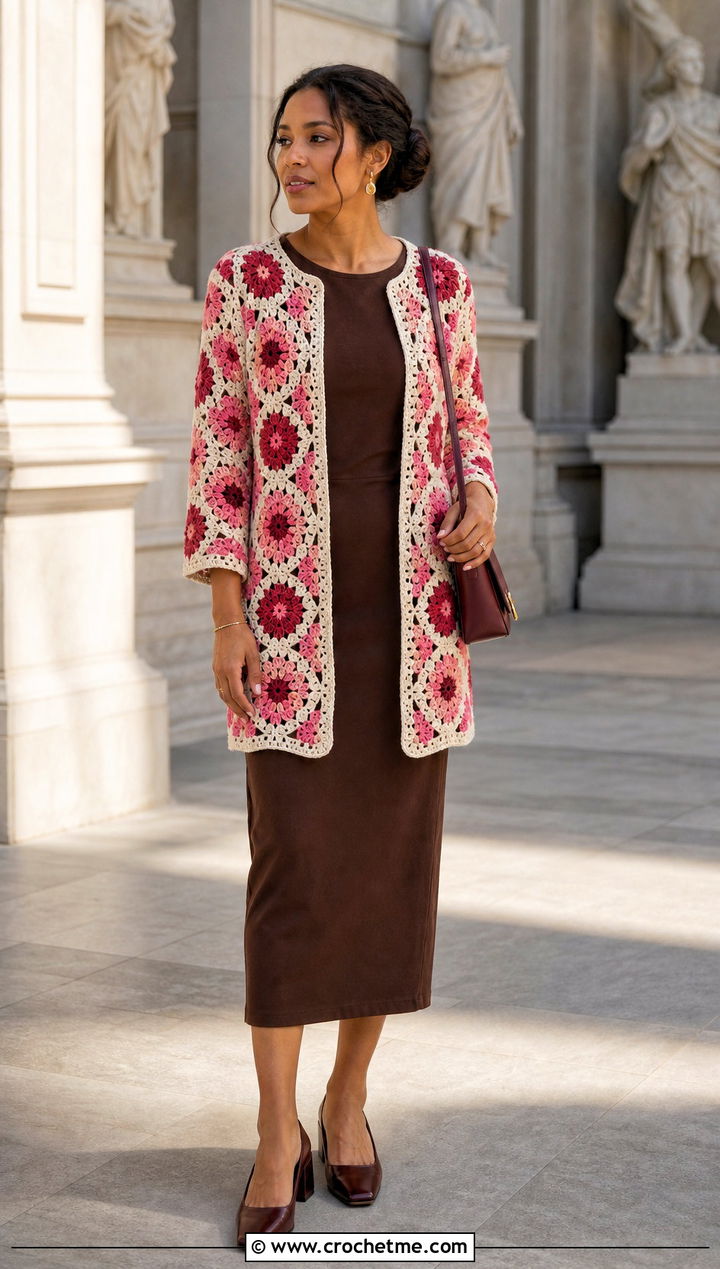 Open Front African Flower Crochet Cardigan With Column Dress - 30 african flower crochet cardigan outfit ideas