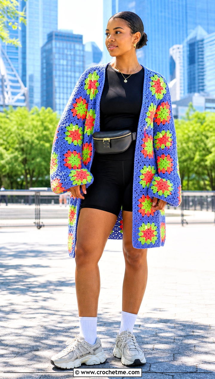 Open Front African Flower Granny Square Cardigan With Bike Shorts - 30 african flower granny square cardigan outfit ideas