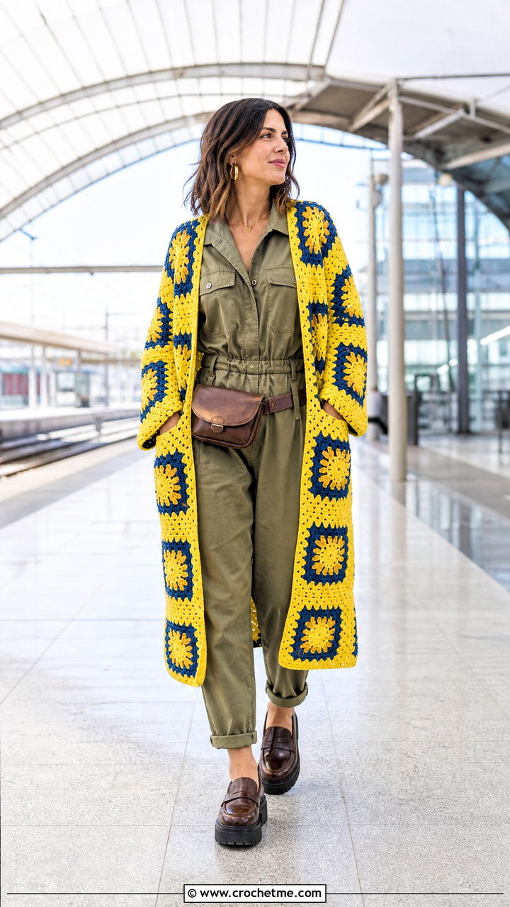 Open Front Big Granny Square Cardigan With Utility Jumpsuit - 35 Big Granny Square Cardigan outfit ideas