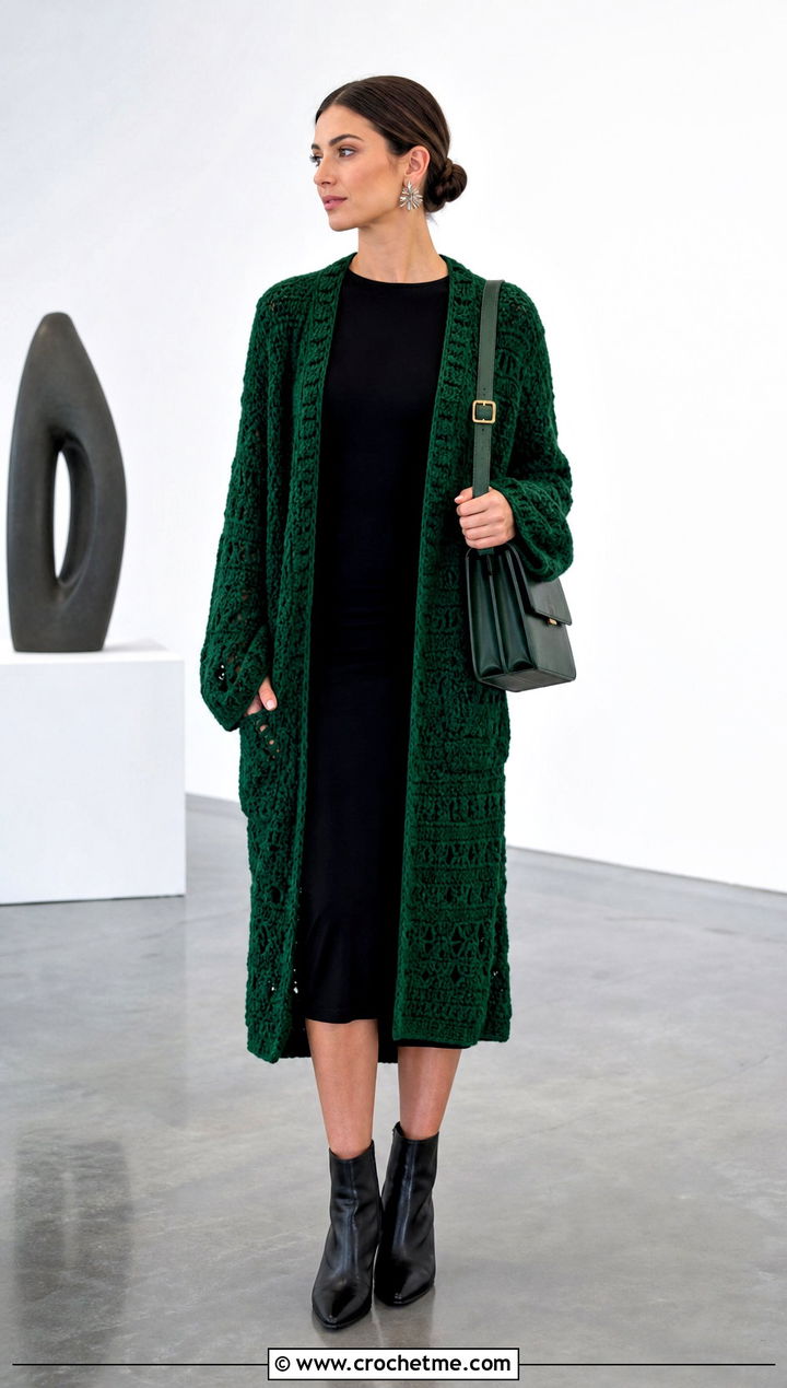 Open Front Blanket Cardigan With Column Dress - 30 crochet blanket sweater outfit ideas