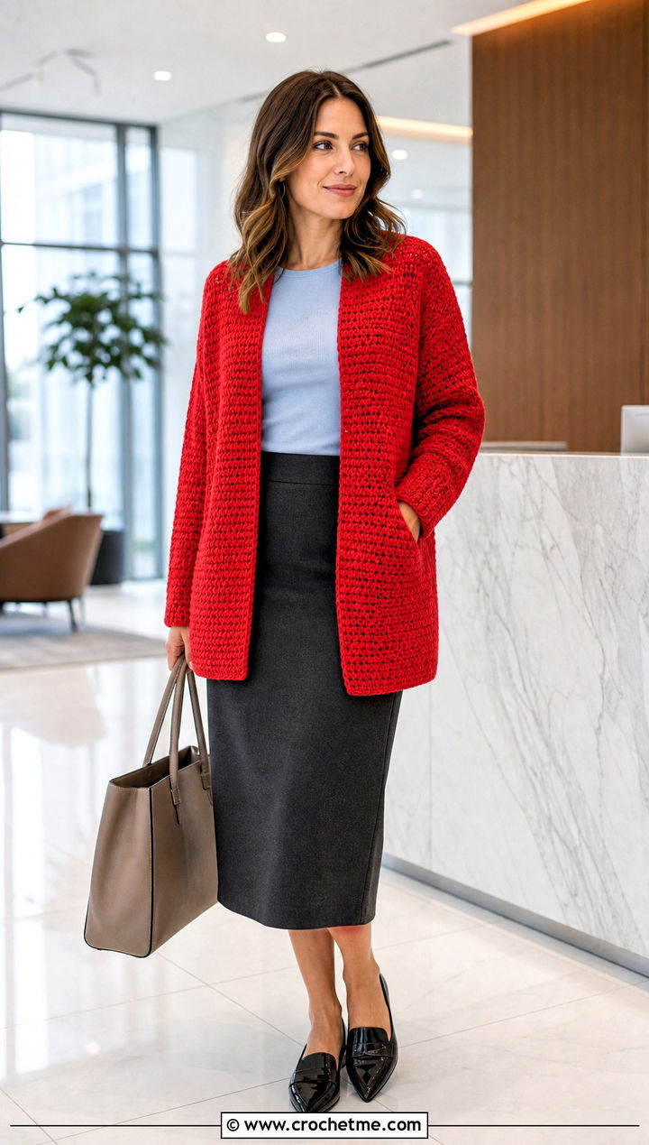 Open Front Blanket Crochet Cardigan With Pencil Skirt - 25 blanket crochet cardigan outfit ideas