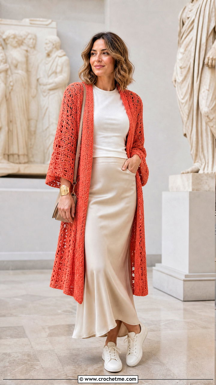 Open Front Boho Crochet Cardigan With Slip Skirt - 35 Boho Crochet Cardigan outfit ideas