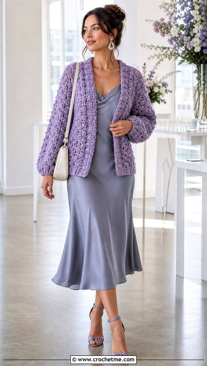 Open Front Bubble Cardigan With Slip Dress - 15 Crochet Bubble Cardigan outfit ideas