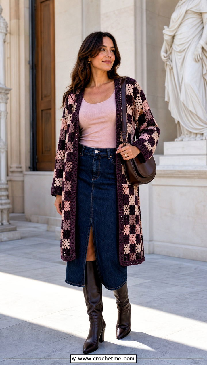 Open Front Checkered Crochet Cardigan With Denim Midi Skirt - 25 Checkered Crochet Cardigan outfit ideas