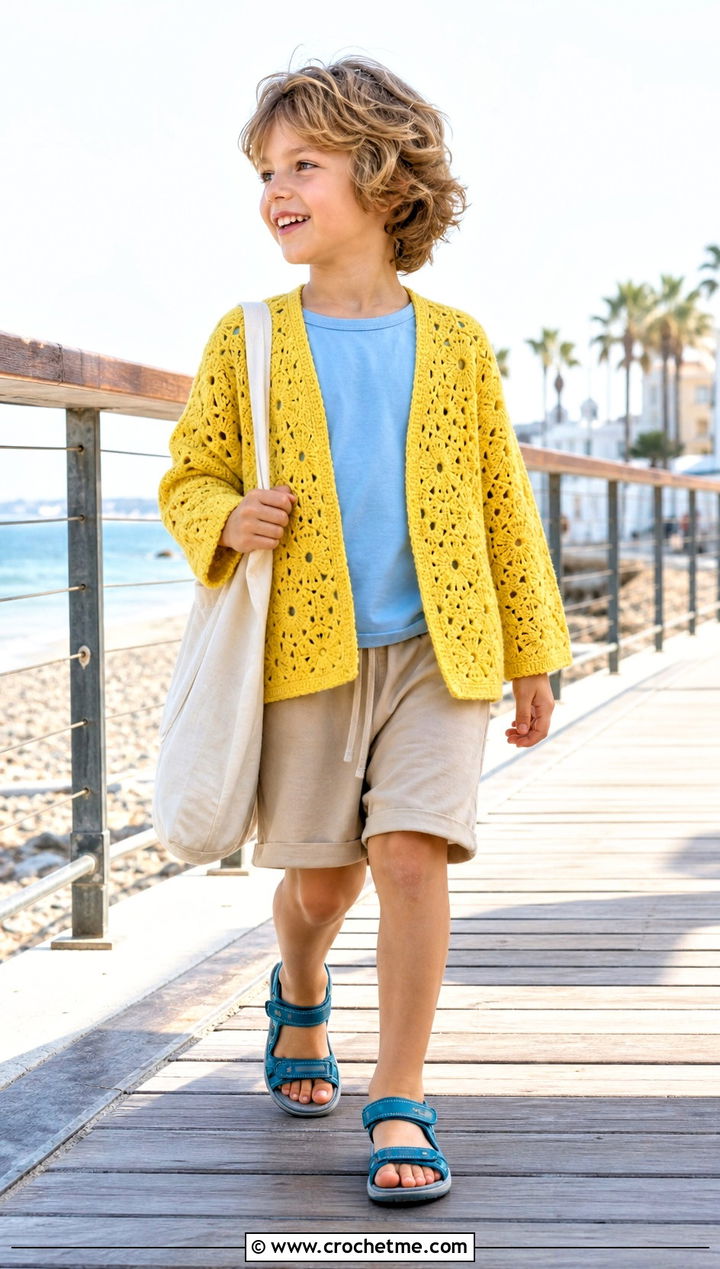 Open Front Childs Hexagon Cardigan With Summer Shorts - 15 Crochet Childs Hexagon Cardigan outfit ideas