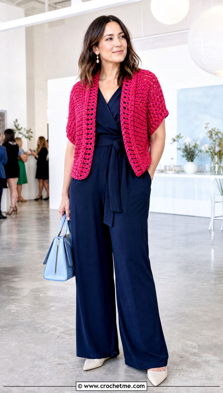 Open Front Chunky Crochet Shrug With Belted Jumpsuit - 25 Chunky Crochet Shrug outfit ideas