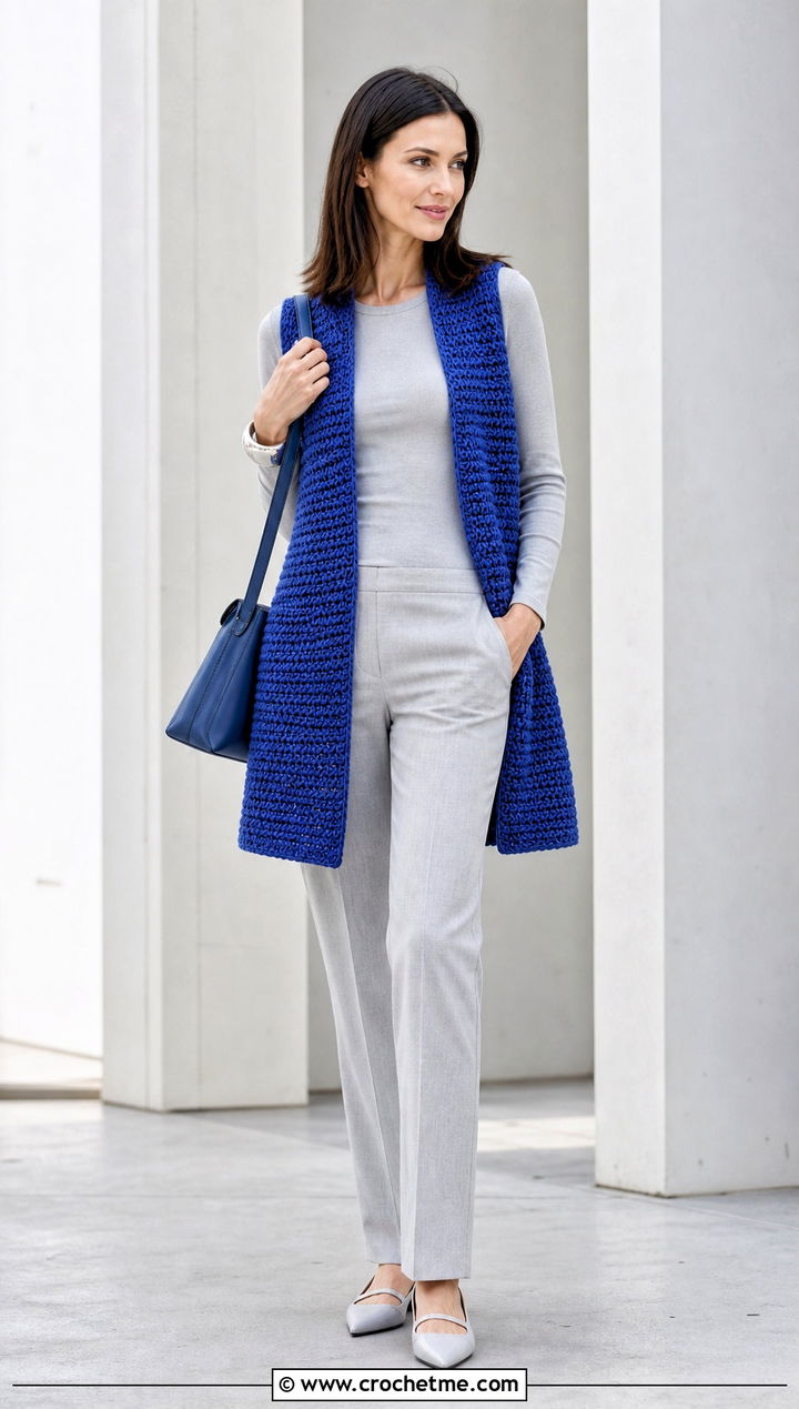 Open Front Chunky Crochet Vest With Monochrome Outfit - 30 crochet chunky vest outfit ideas