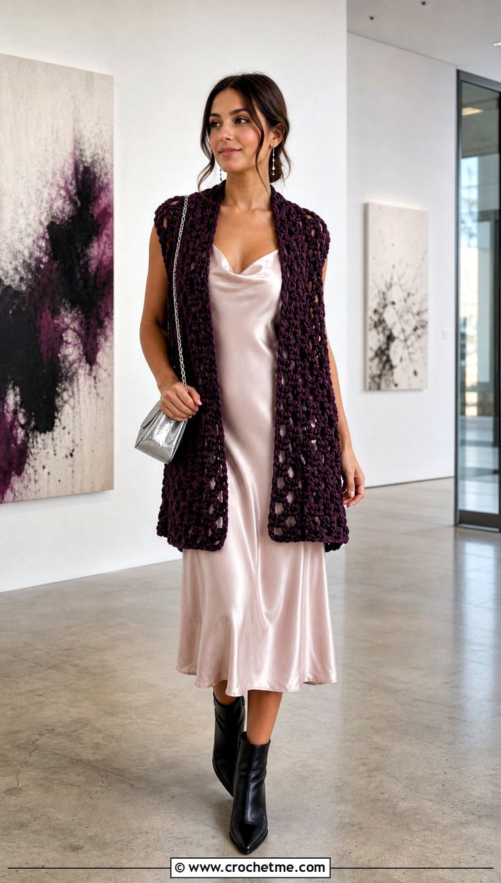 Open Front Chunky Crochet Vest With Satin Slip Dress - 20 Chunky Yarn Crochet Vest outfit ideas