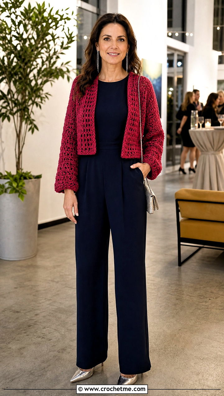 Open Front Chunky Cropped Cardigan With Jumpsuit - 15 Crochet Chunky Cropped Cardigan outfit ideas