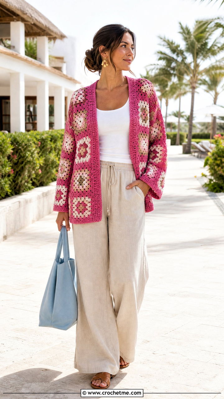 Open Front Chunky Granny Square Cardigan With Linen Trousers - 35 Chunky Granny Square Cardigan outfit ideas