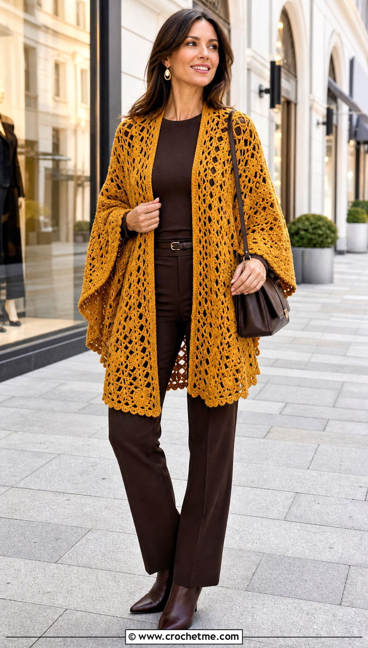 Open Front Circular Poncho With Monochrome Basics - 25 Crochet Circular Poncho outfit ideas
