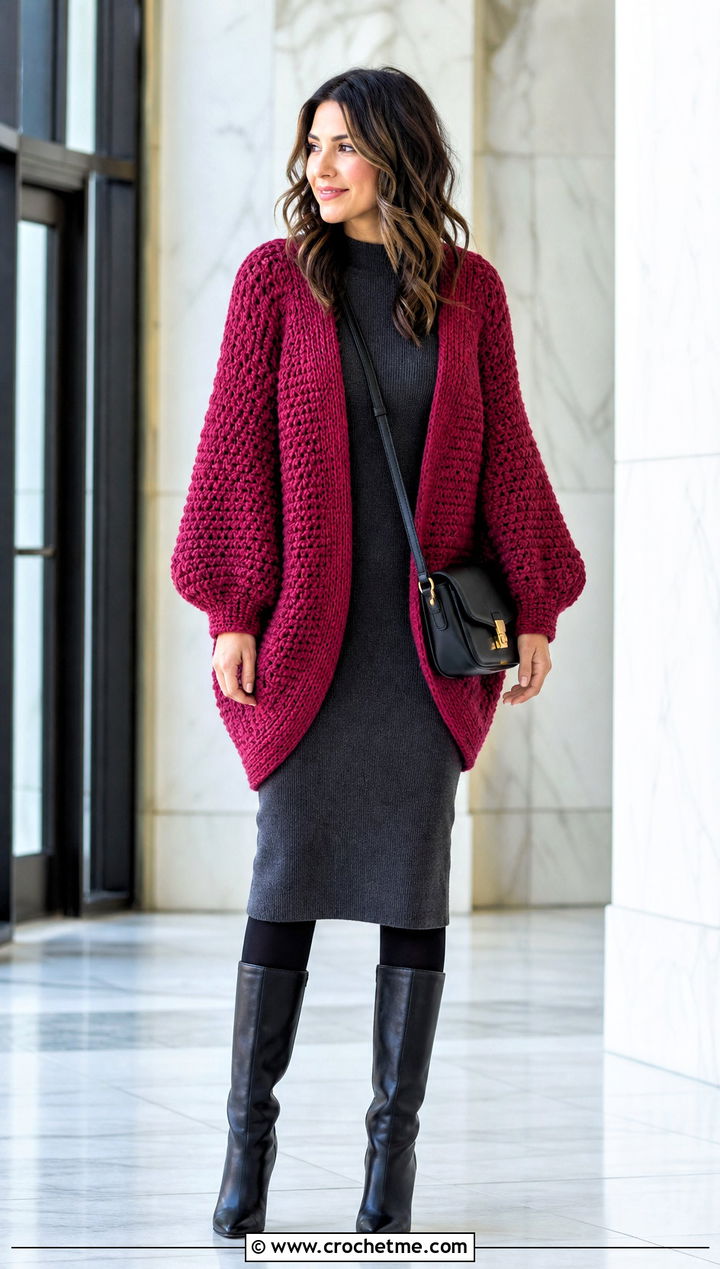 Open Front Cocoon Puff Sleeve Crochet Cardigan With Knit Midi Dress - 25 Puff Sleeve Crochet Cardigan outfit ideas