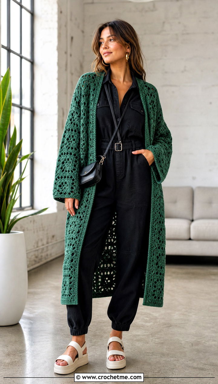 Open Front Continuous Granny Square Cardigan With A Jumpsuit - 25 continuous granny square cardigan outfit ideas