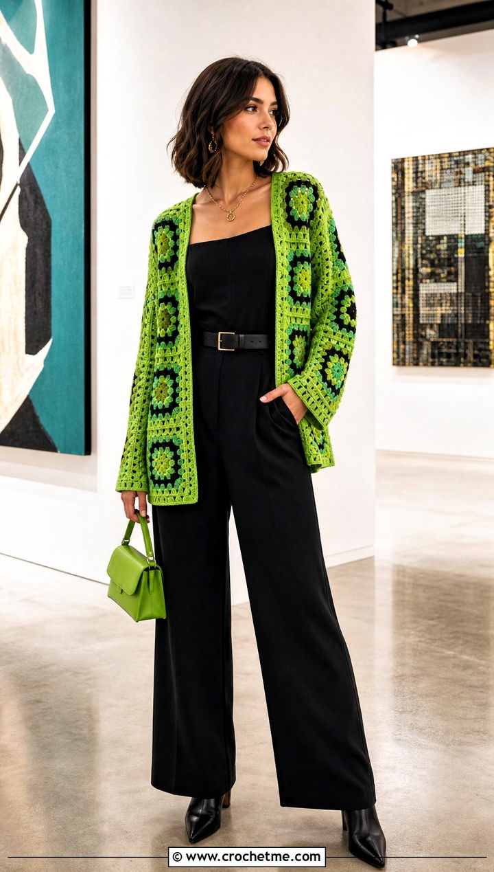 Open Front Cotton Granny Square Cardigan With Black Jumpsuit - 25 cotton granny square cardigan outfit ideas
