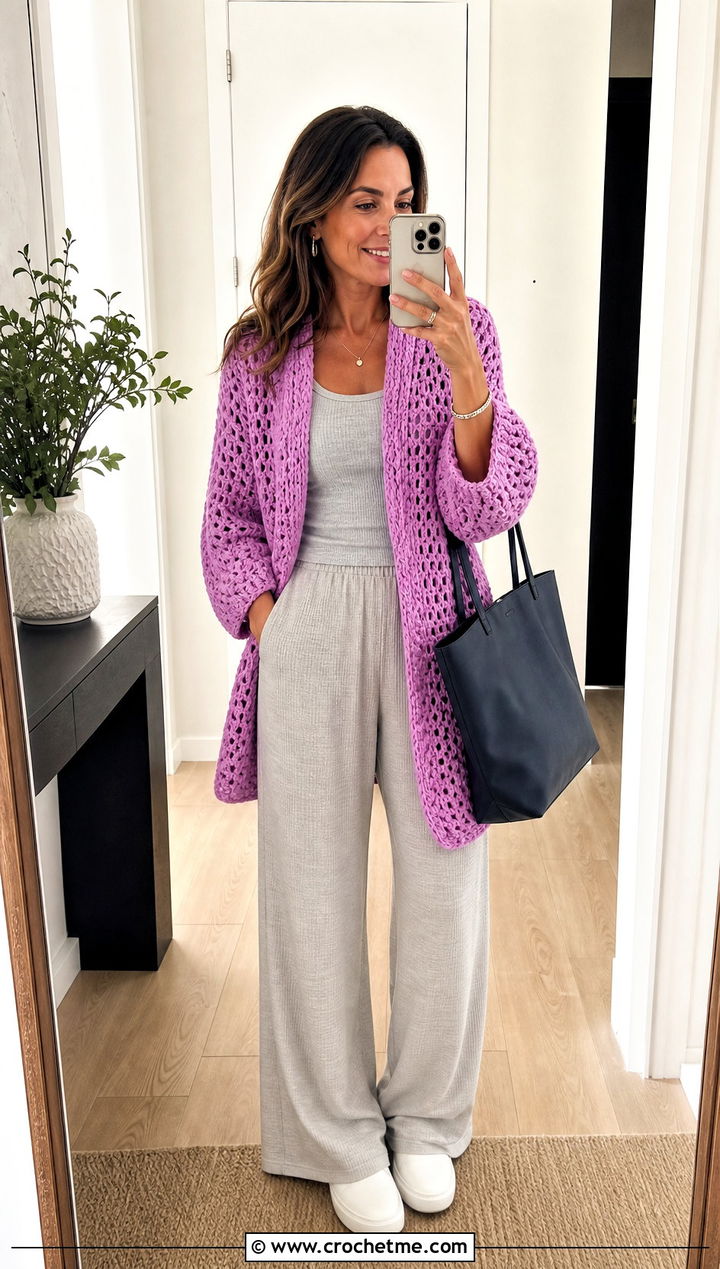 Open Front Couch Crochet Cardigan With A Matching Lounge Set - 15 Couch Crochet Cardigan outfit ideas