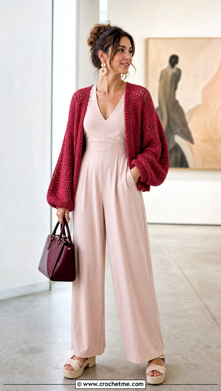Open Front Crochet Balloon Sleeve Cardigan With Jumpsuit - 30 crochet balloon sleeve cardigan outfit ideas
