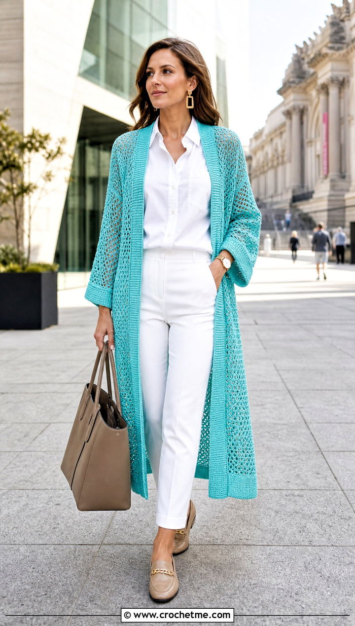 Open Front Crochet Bathrobe With White Shirt - 30 crochet bathrobe outfit ideas