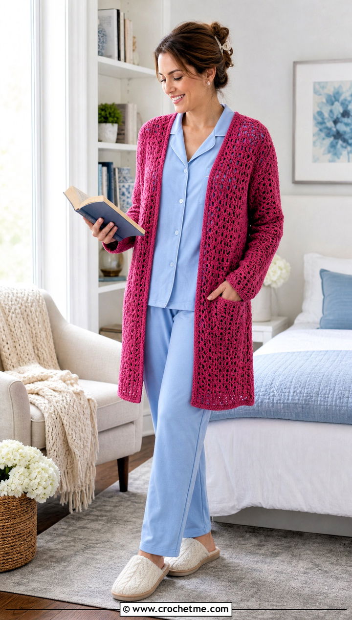 Open Front Crochet Bed Jacket With Pajama Set - 25 Crochet Bed Jackets outfit ideas