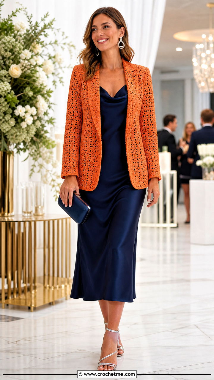Open Front Crochet Blazer With Slip Dress - 35 crochet blazer outfit ideas