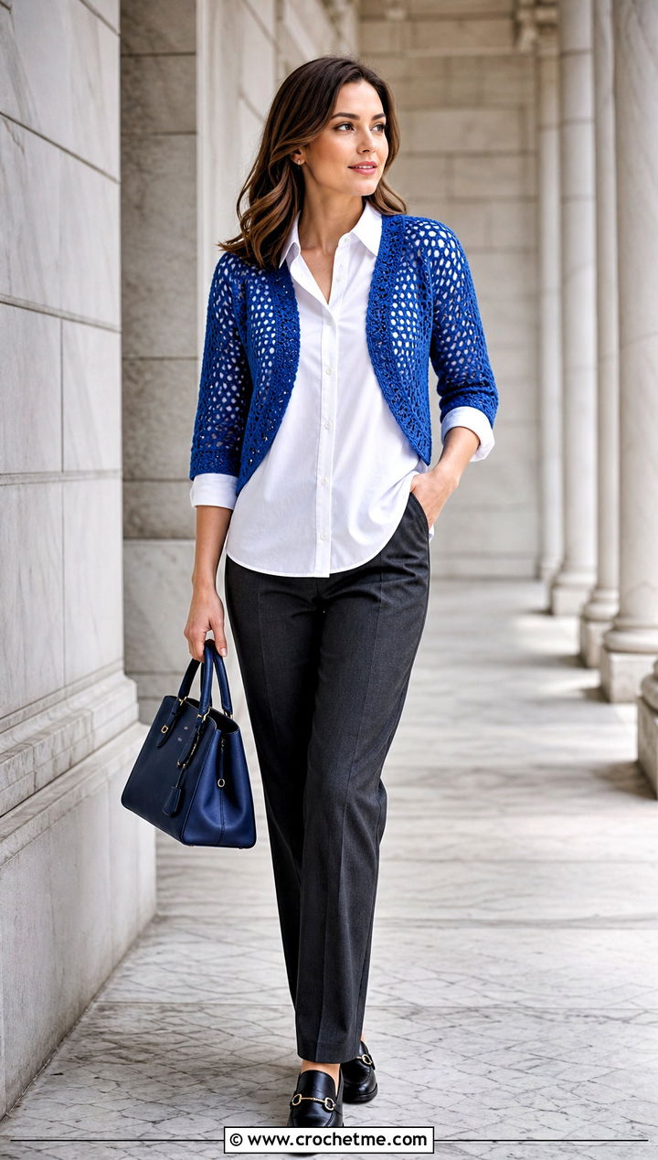 Open Front Crochet Bolero Top With Button Down Shirt - 20 crochet bolero top outfit ideas