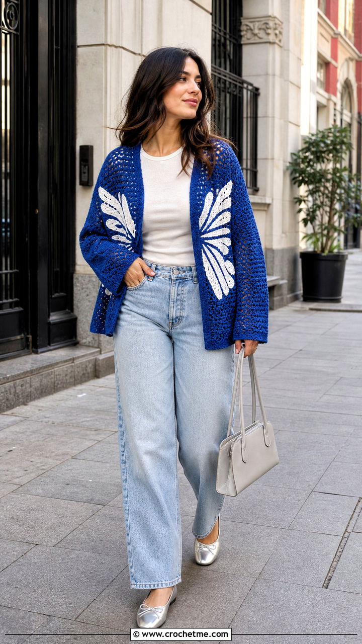 Open Front Crochet Butterfly Cardigan With Barrel Jeans - 35 crochet butterfly cardigan outfit ideas