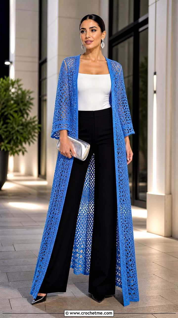 Open Front Crochet Cape With A Bodysuit And Trousers - 35 crochet cape outfit ideas