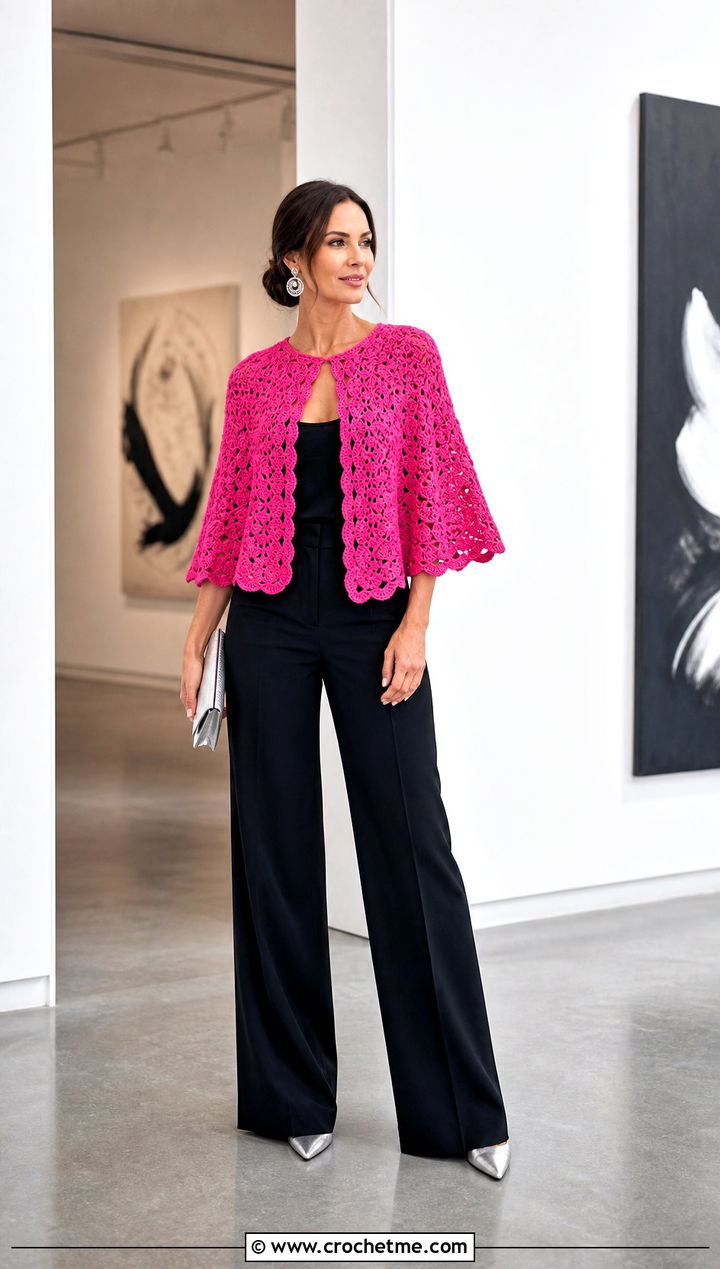 Open Front Crochet Capelet With Wide Leg Suit - 15 Outlander Crochet Capelet outfit ideas