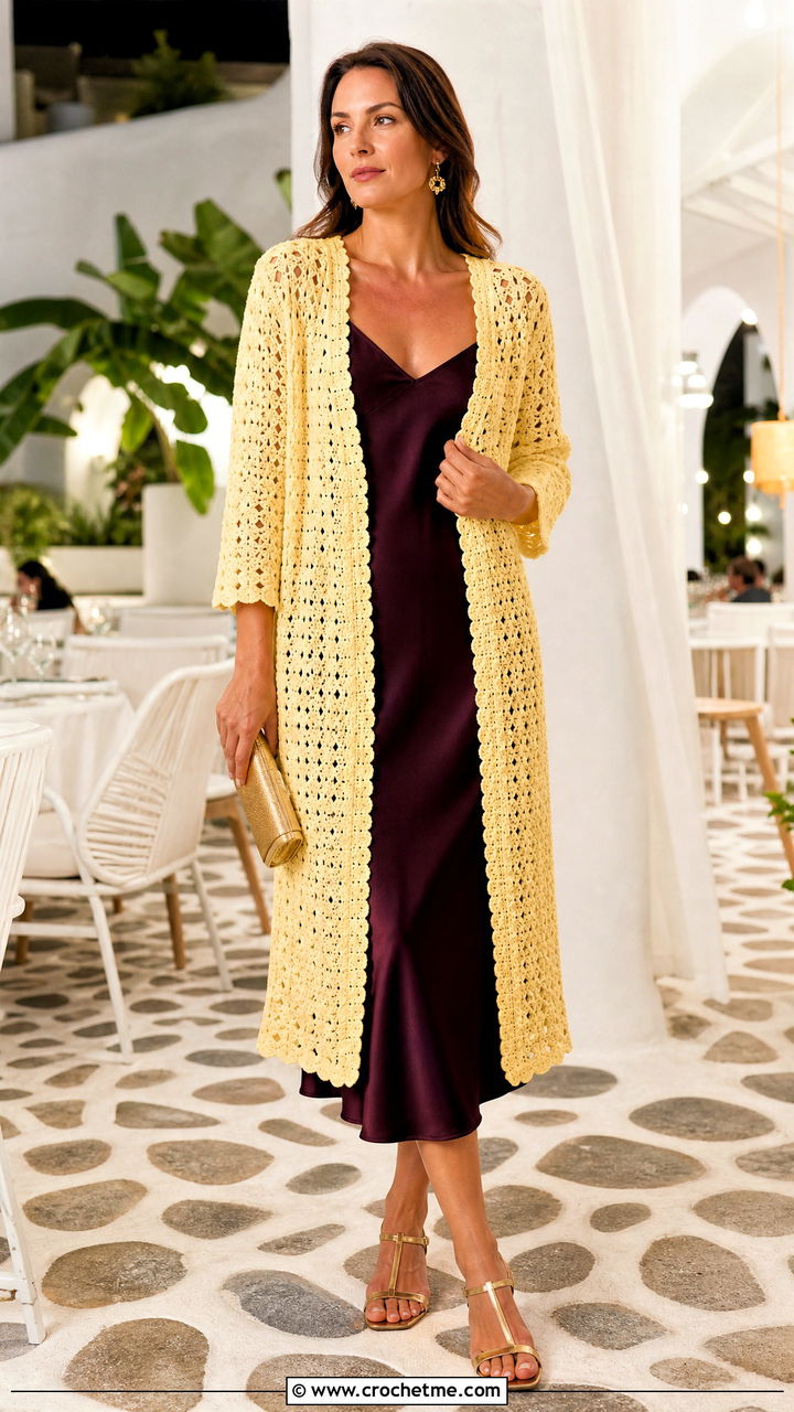 Open Front Crochet Cardigan Cover Up With Slip Dress - 35 crochet cover up outfit ideas