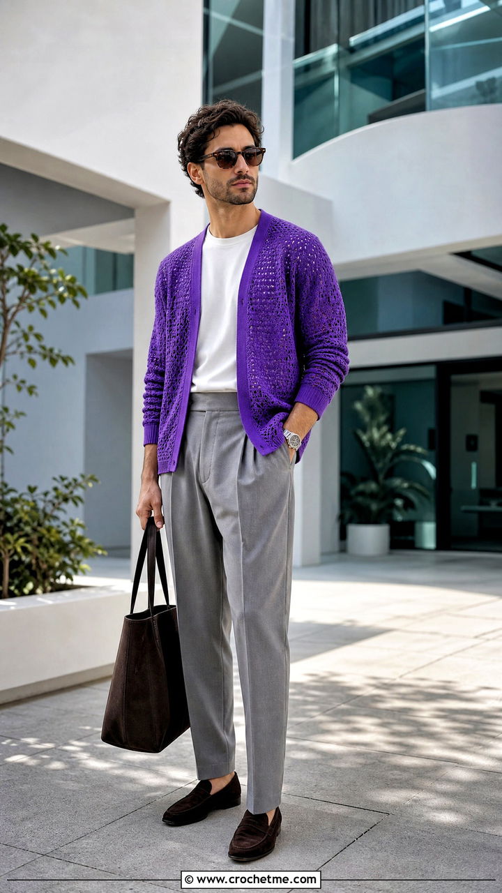 Open Front Crochet Cardigan Jacket With Pleated Trousers - 35 crochet jacket for men outfit ideas