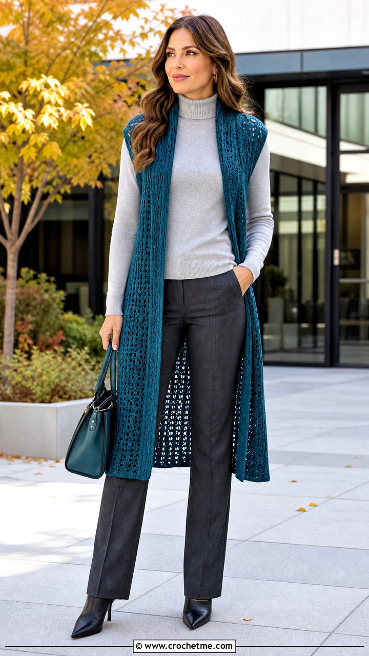 Open Front Crochet Cardigan Vest With a Turtleneck - 35 crochet vest woman outfit ideas