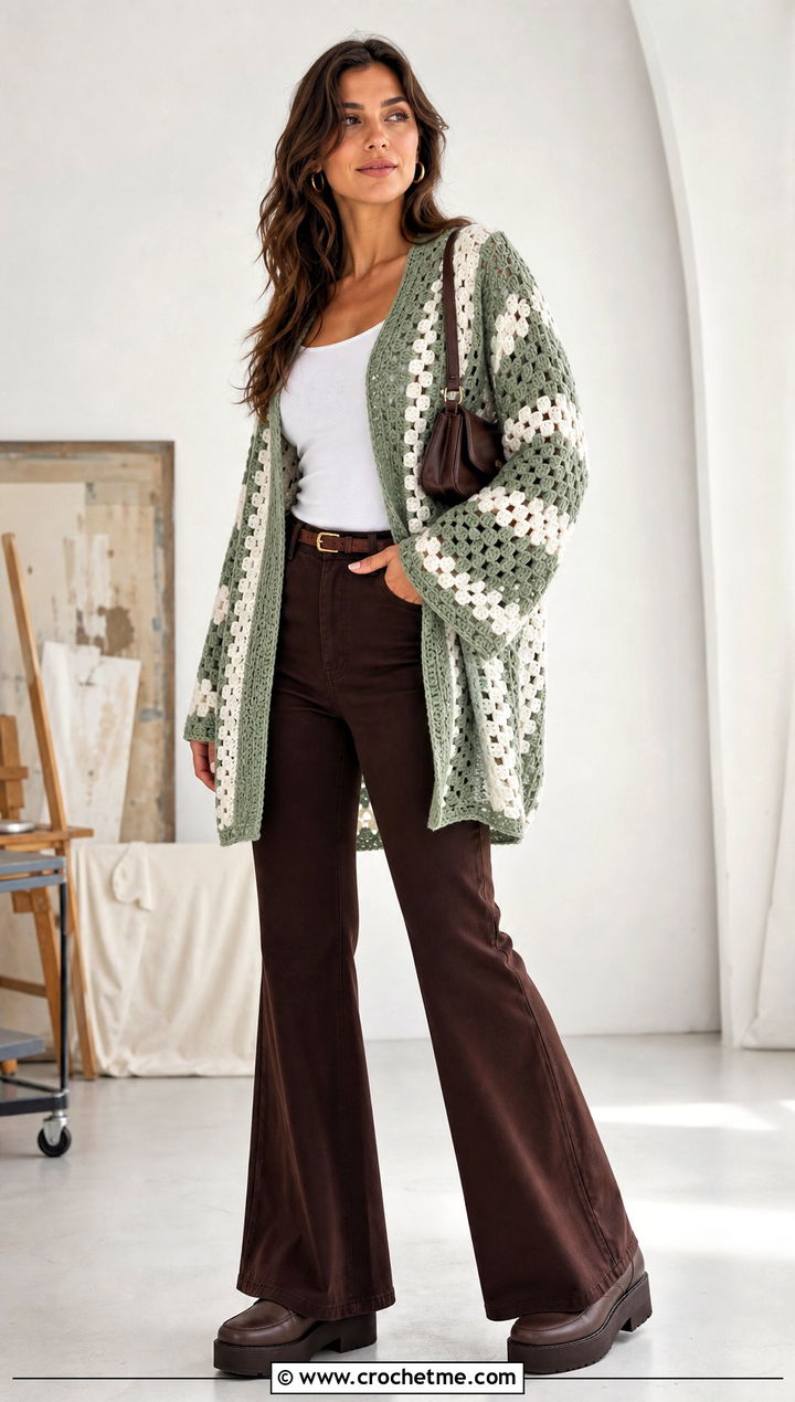 Open Front Crochet Cardigan With A Tank And Flared Pants - 25 green and white crochet cardigan outfit ideas