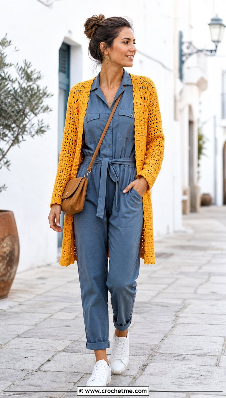 Open Front Crochet Cardigan With A Utility Jumpsuit - 25 womens crochet cardigan outfit ideas