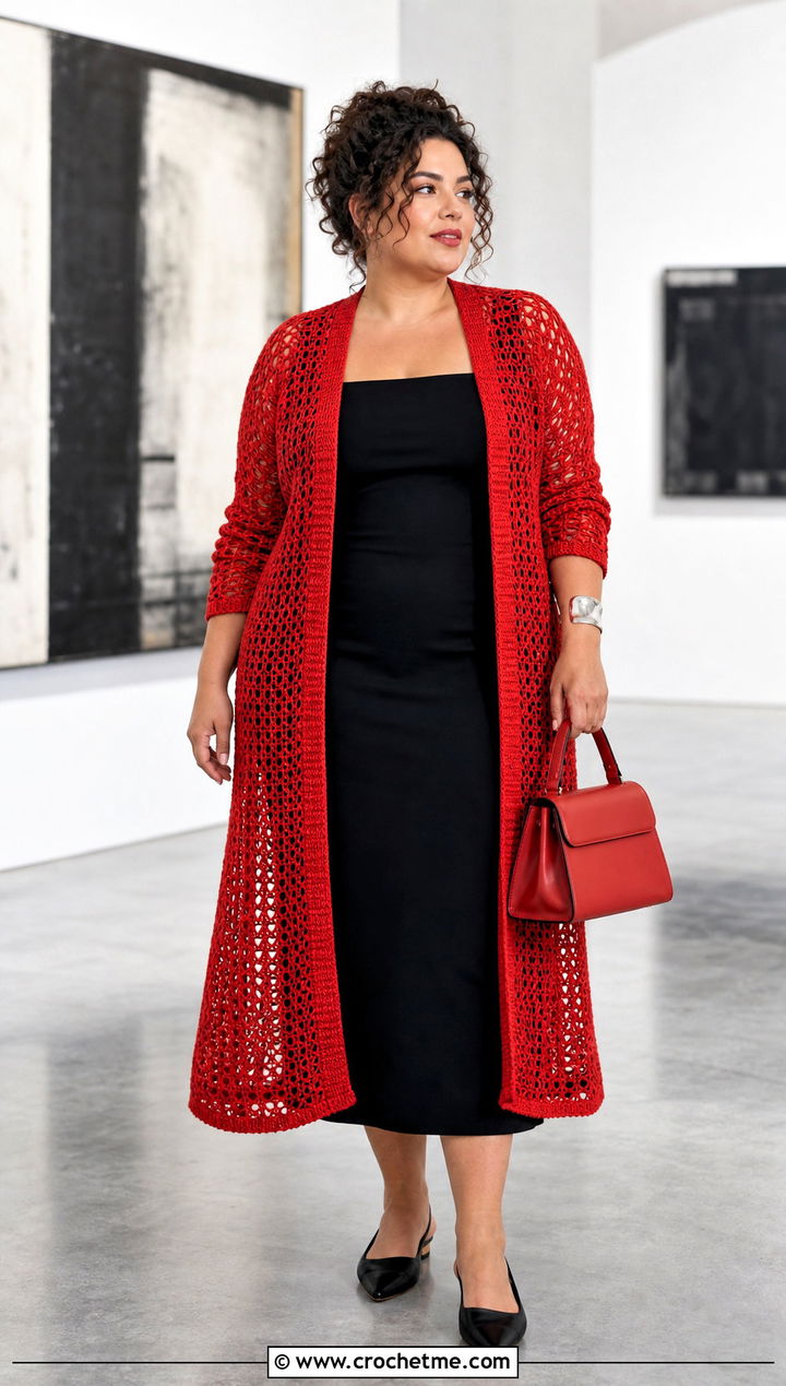 Open Front Crochet Cardigan With Black Column Dress - 30 crochet plus size cardigan outfit ideas