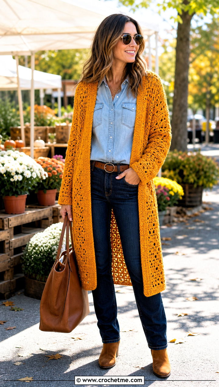 Open Front Crochet Cardigan With Denim Shirt And Jeans - 30 fall crochet sweaters outfit ideas