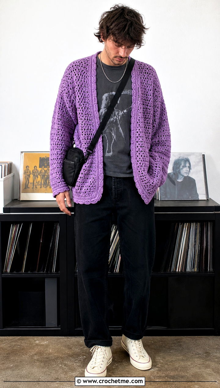 Open Front Crochet Cardigan With Graphic Tee - 30 mens crochet cardigan sweater outfit ideas