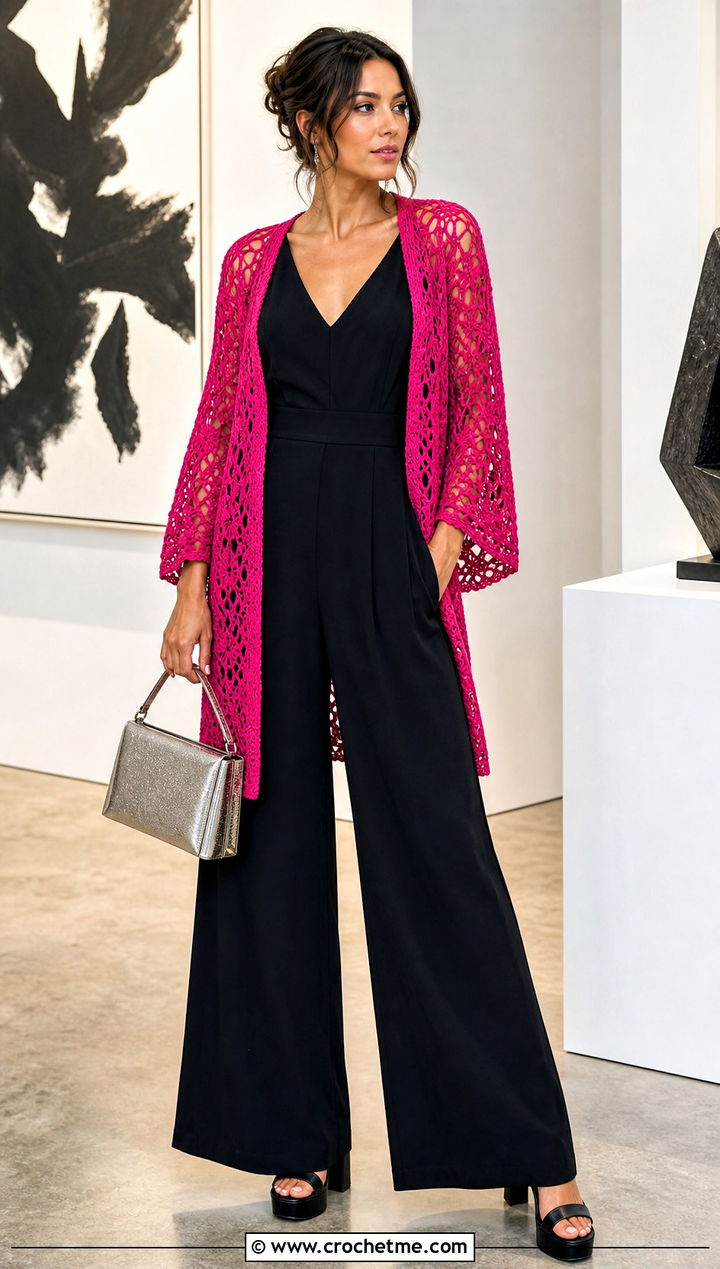 Open Front Crochet Cardigan With Jumpsuit - 30 short sleeve crochet cardigan outfit ideas