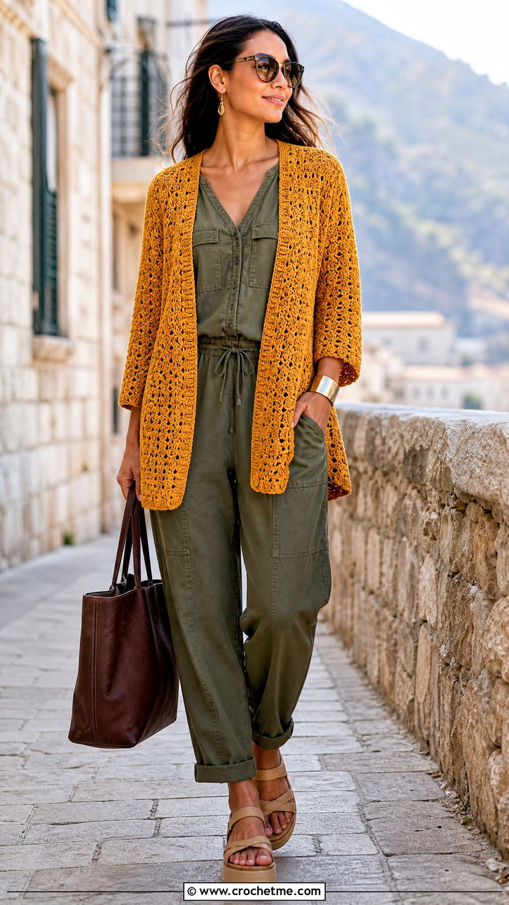 Open Front Crochet Cardigan With Jumpsuit - 35 crochet cardigans for women outfit ideas